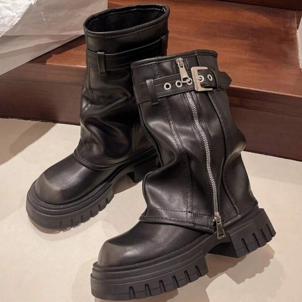 Women's Ankle Boots Fold Over Wide-Calf  Motorcycle Boots
